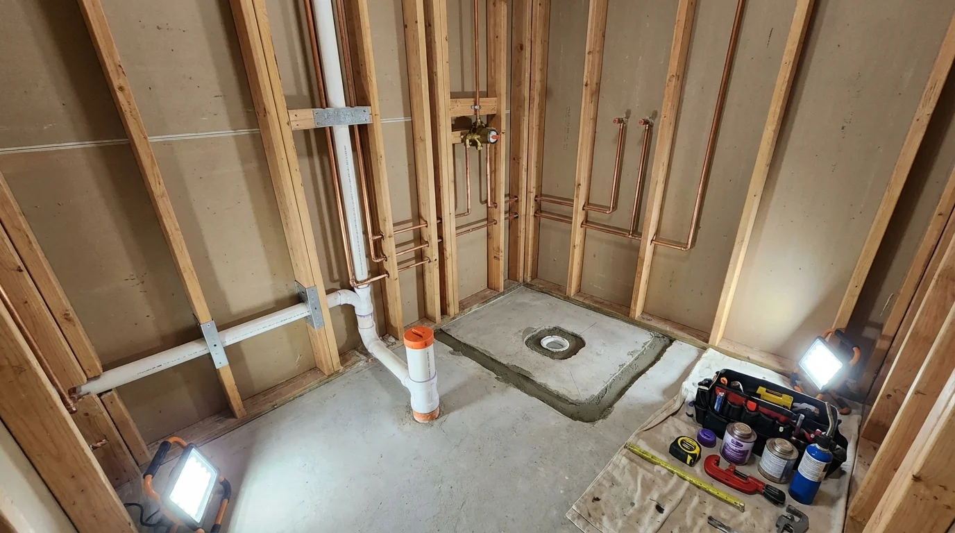 Bathroom rough-in plumbing during remodel by Johns Plumbing LLC in Townshend