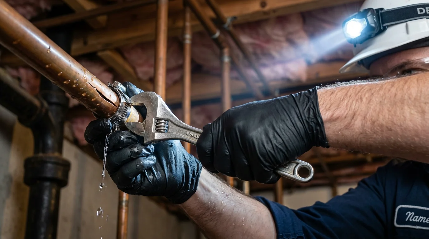 Emergency pipe clamp repair being performed by a Johns Plumbing LLC plumber in Townshend