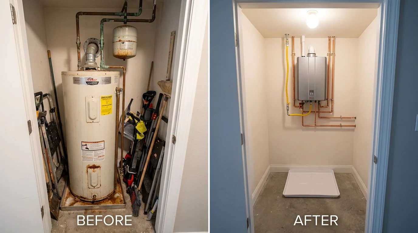 Tank water heater versus wall-mounted tankless unit comparison for Townshend, VT homeowners
