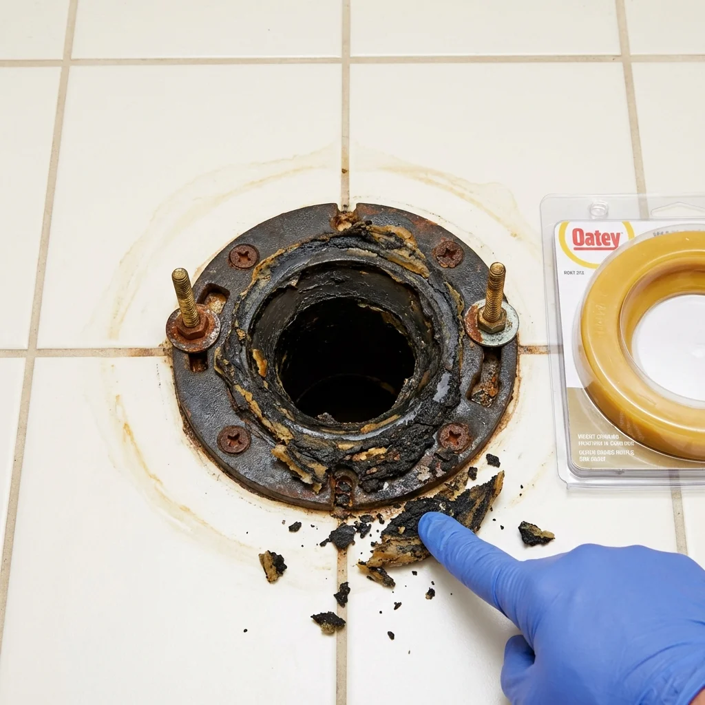 Failed wax ring showing water seepage at the base of a toilet in a Townshend, VT home